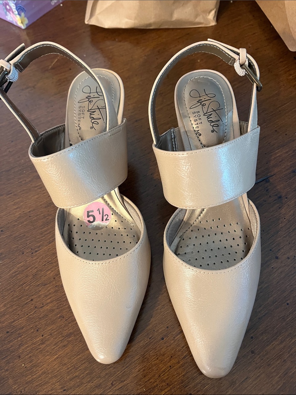 Life Stride Beige Pointed-Toe Ankle-Strap Heels